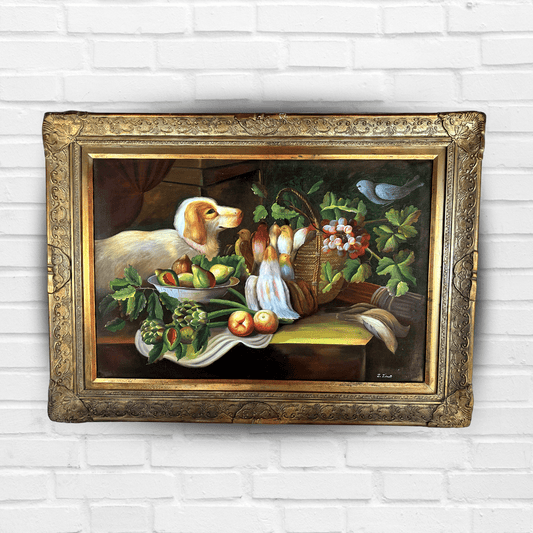 Vintage Gold Color Framed Still Life Dog Birds & Fruit Oil Painting On Wood image 0