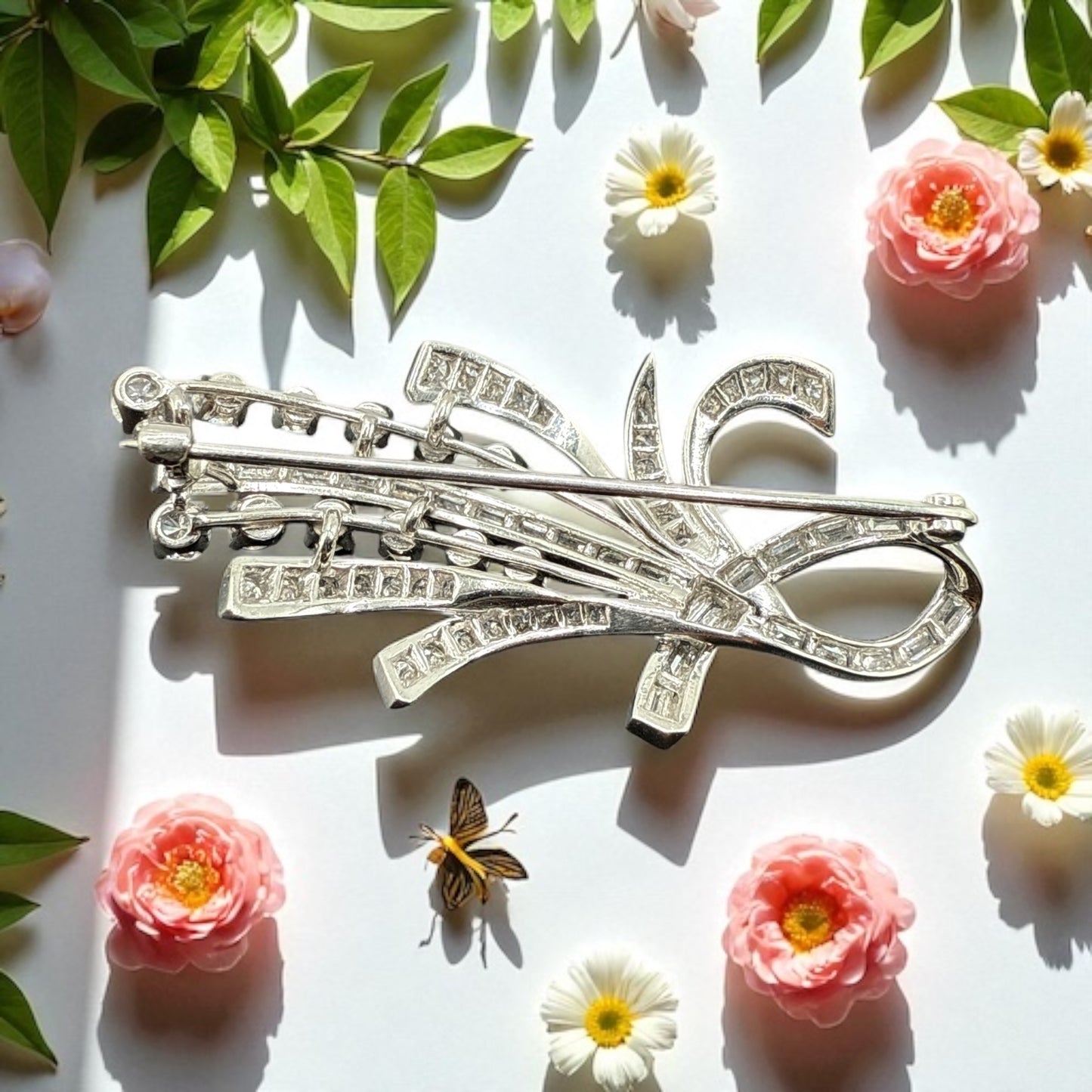 Statement 14K White Gold Diamond Spray Brooch Mid-Century Floral Design.
