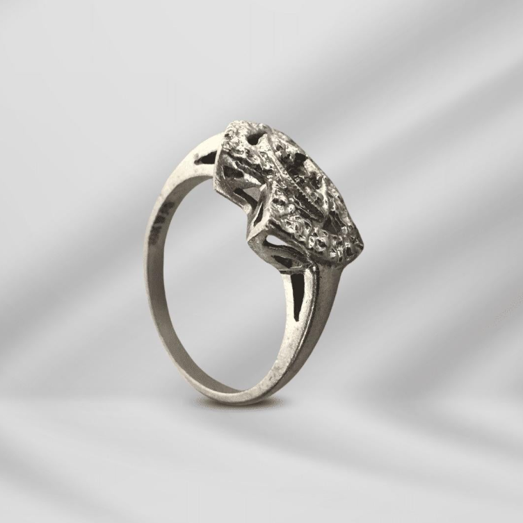 Two Interconnected Hearts on a 10K White Gold Antique Ring