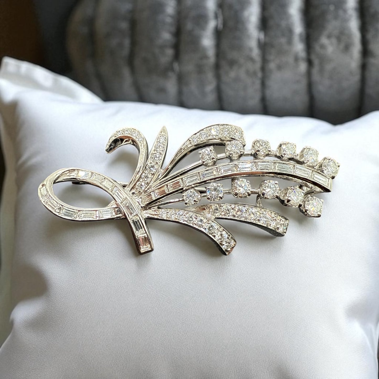 Statement 14K White Gold Diamond Spray Brooch Mid-Century Floral Design.