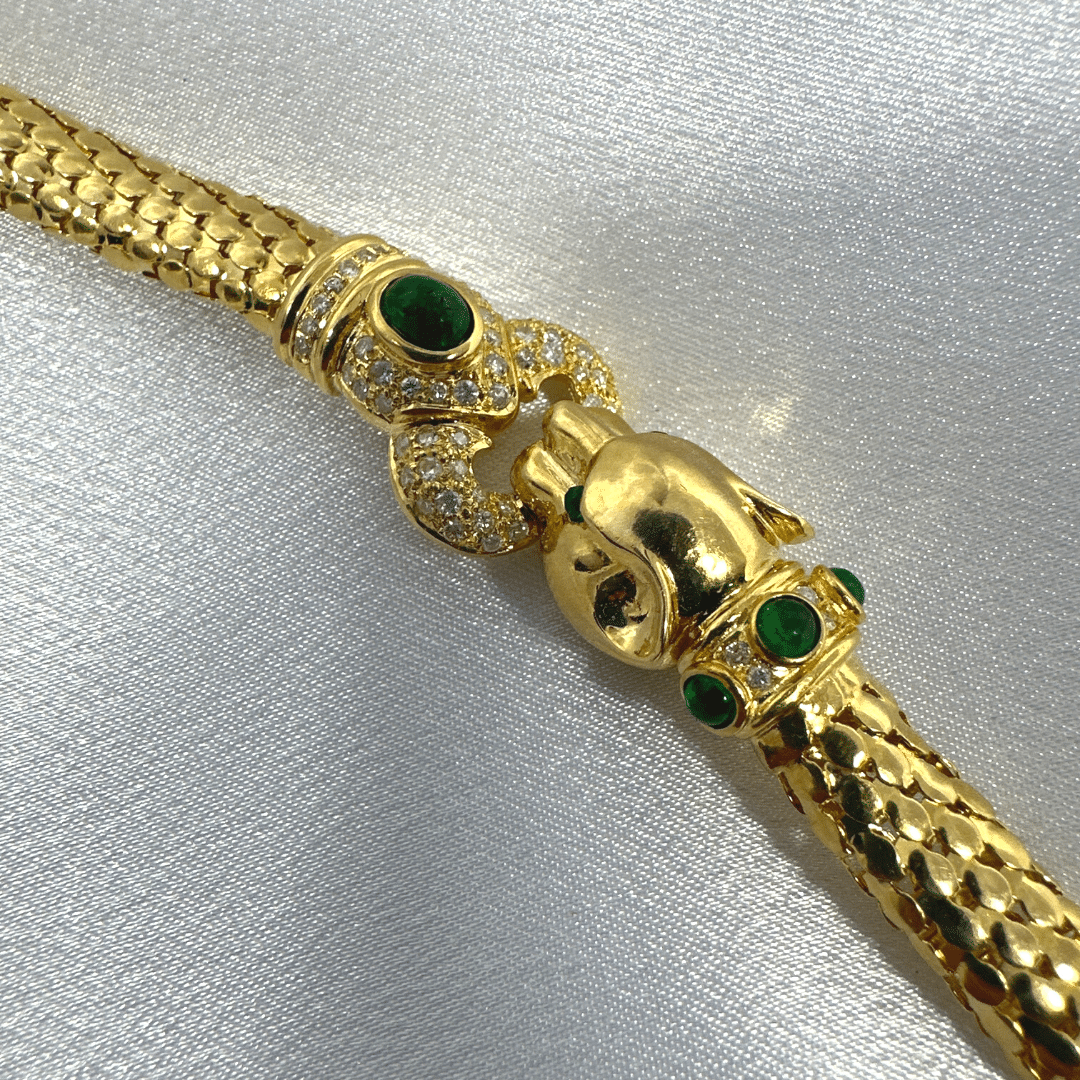 Stunning Diamond & Emerald Gemstone 18K Yellow Gold Jaguar Bracelet Made in Italy image 2