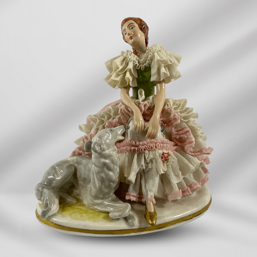 Vintage German Dresden Hand Painted Porcelain Statue Of Woman & Dog image 0