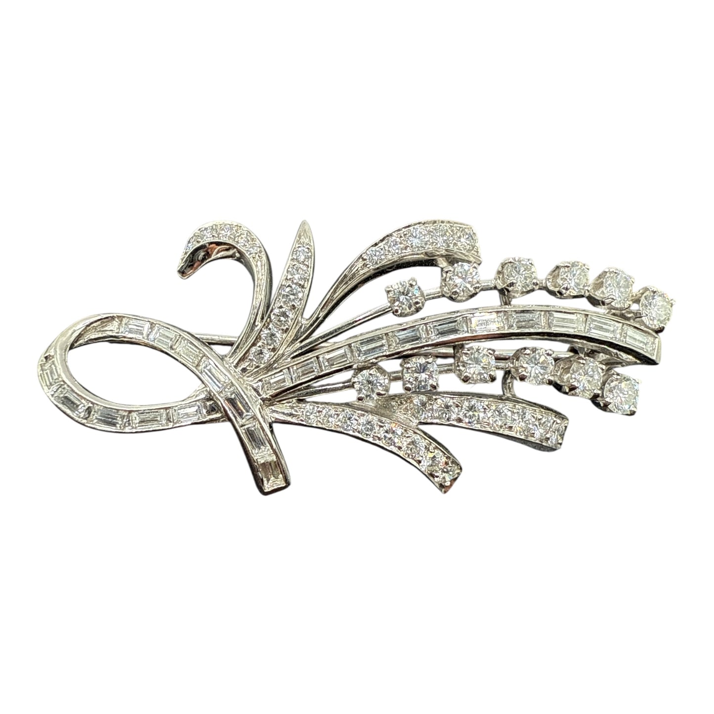 Statement 14K White Gold Diamond Spray Brooch Mid-Century Floral Design.
