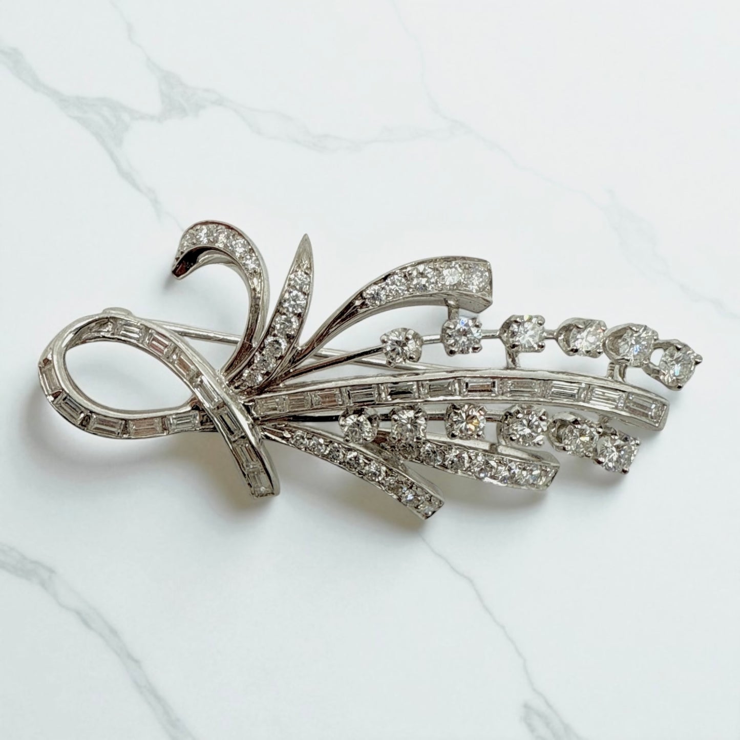 Statement 14K White Gold Diamond Spray Brooch Mid-Century Floral Design.