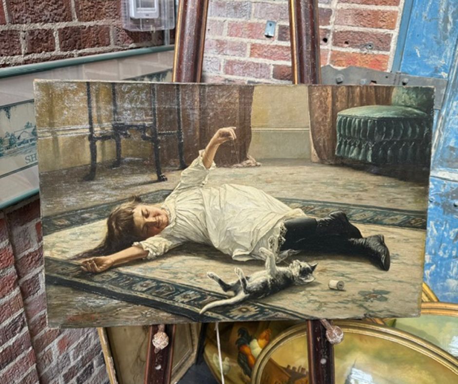 Playful Moment – Girl and Kitten by Robert Koehler (Signed)