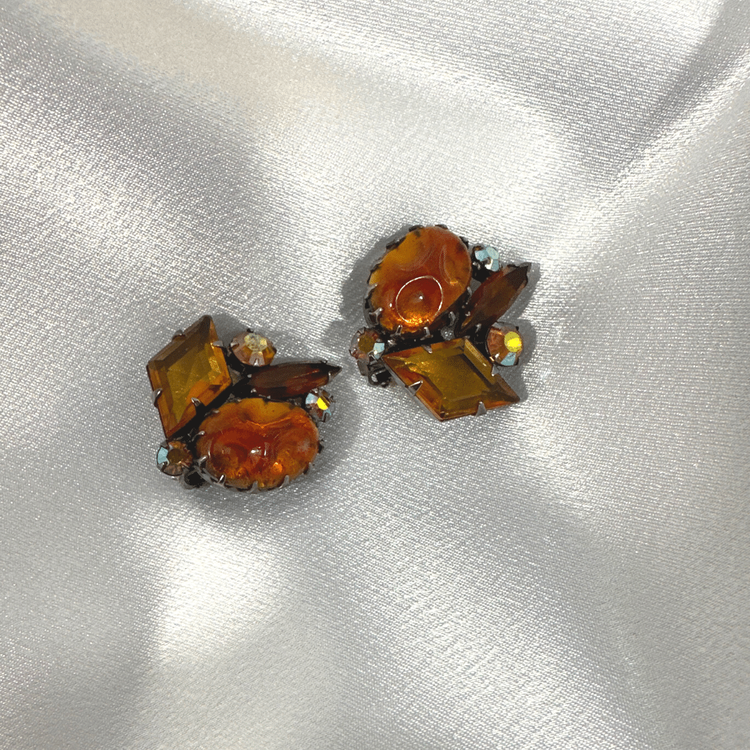 Vintage Austrian Orange Cut Glass & Rhinestone Earring Orange image 3