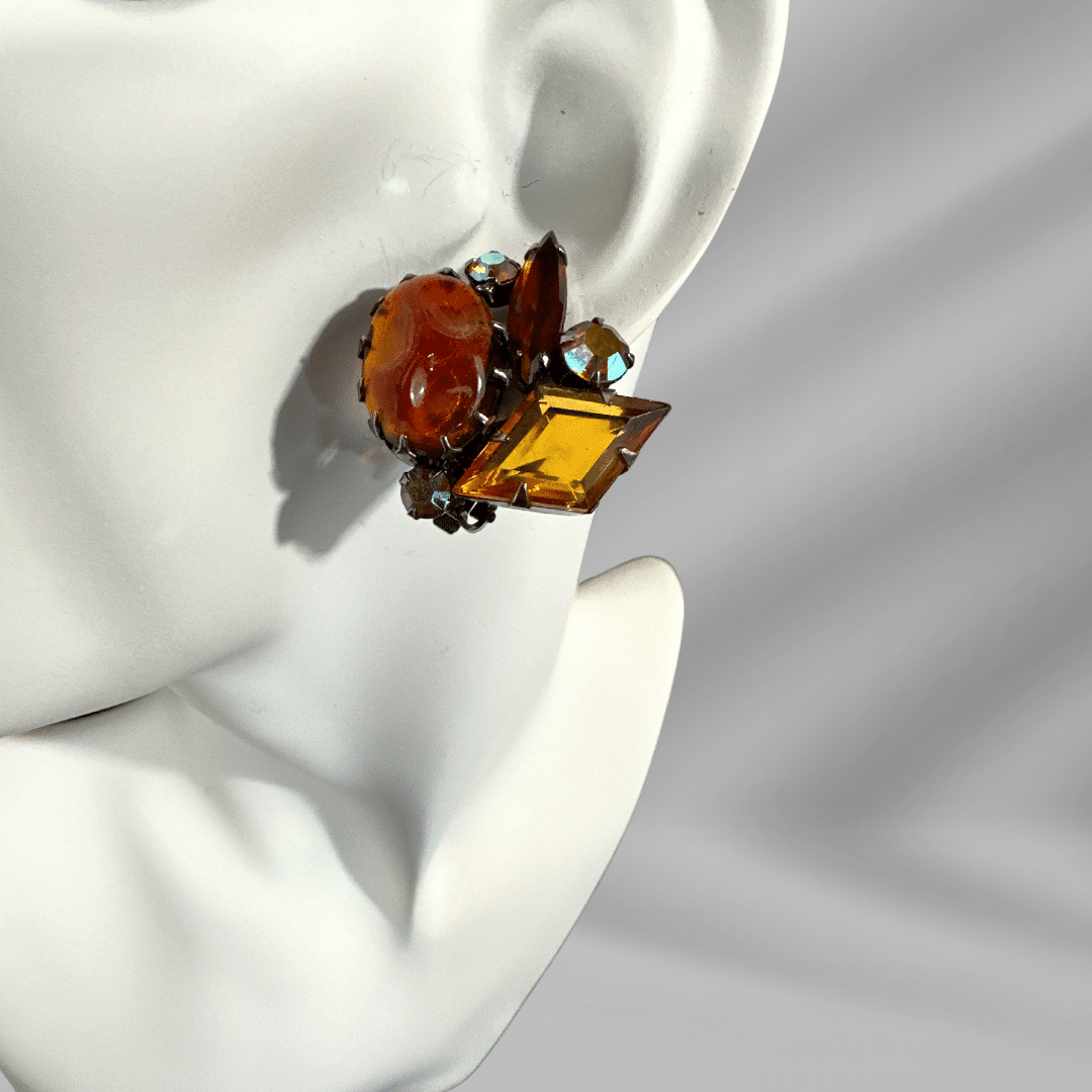 Vintage Austrian Orange Cut Glass & Rhinestone Earring Orange image 2