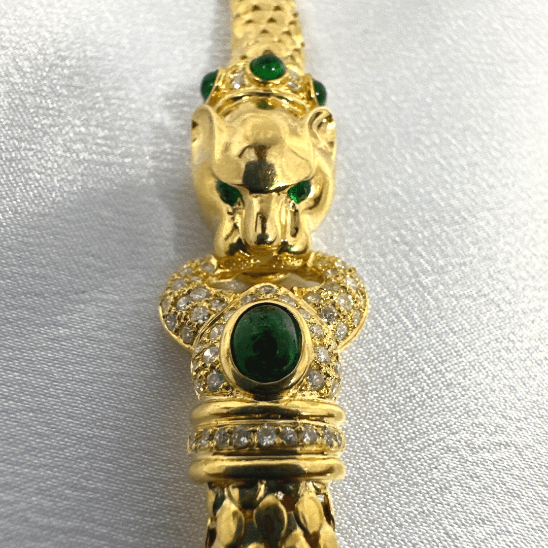 Stunning Diamond & Emerald Gemstone 18K Yellow Gold Jaguar Bracelet Made in Italy image 3