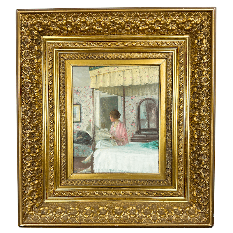 “The Morning News” William Wallace Gilchrist, oil painting on Panel , 14 x 10.60″ image 0