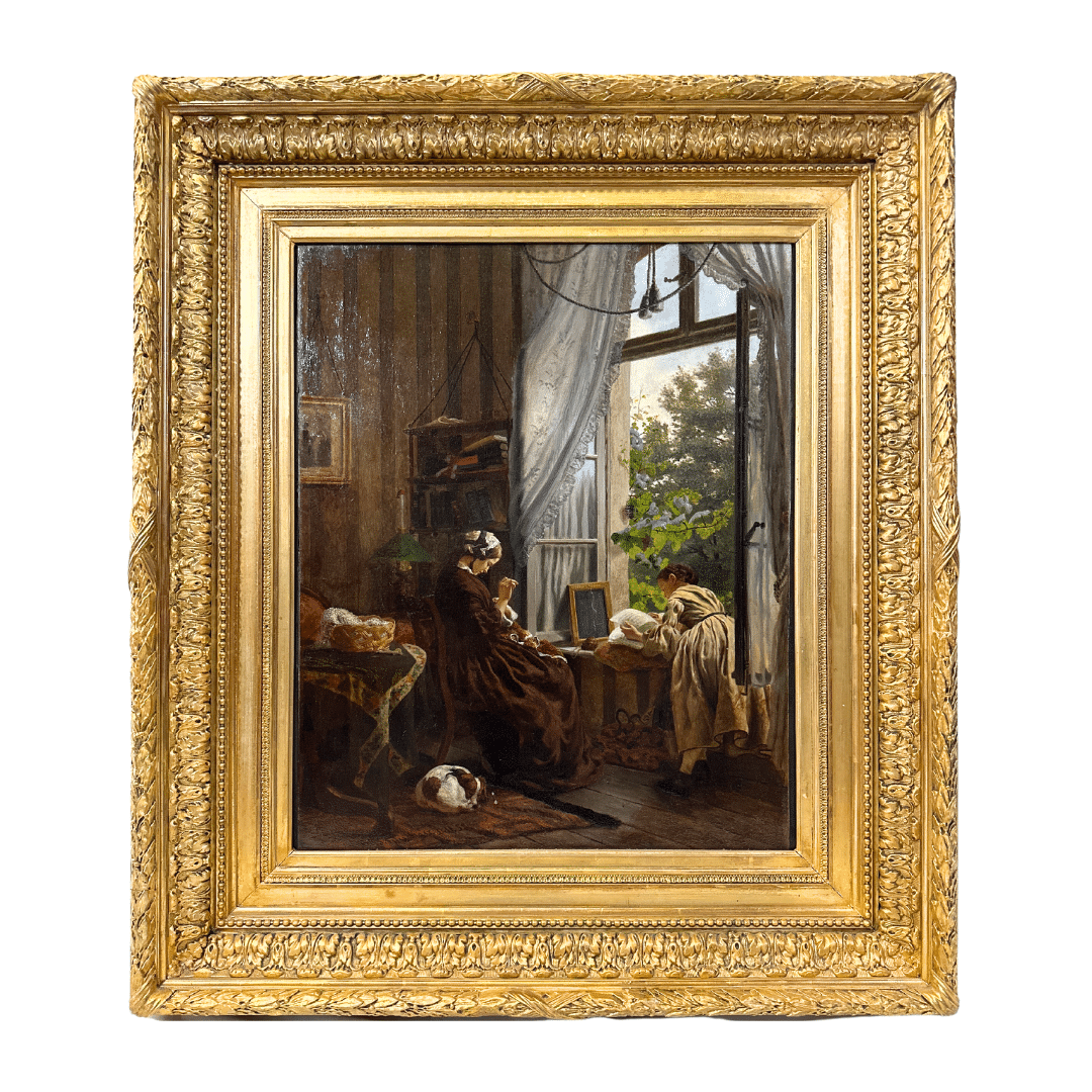 "Spring at Window" Felix Schlesinger, Watercolor on paper Signed and dated 1858  , 26.25 x 21.25″ image 0
