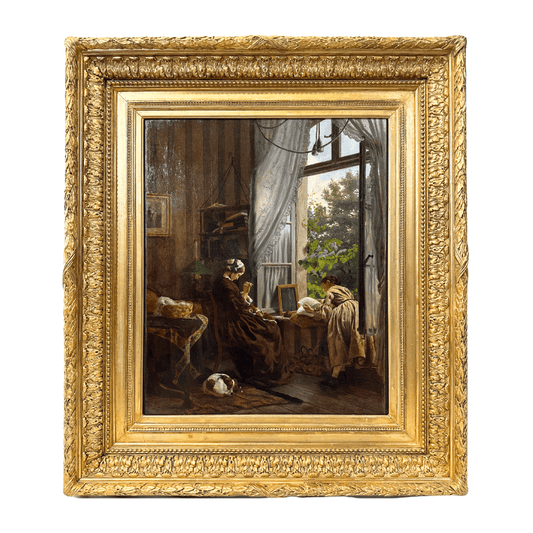 "Spring at Window" Felix Schlesinger, Watercolor on paper Signed and dated 1858  , 26.25 x 21.25″ image 0