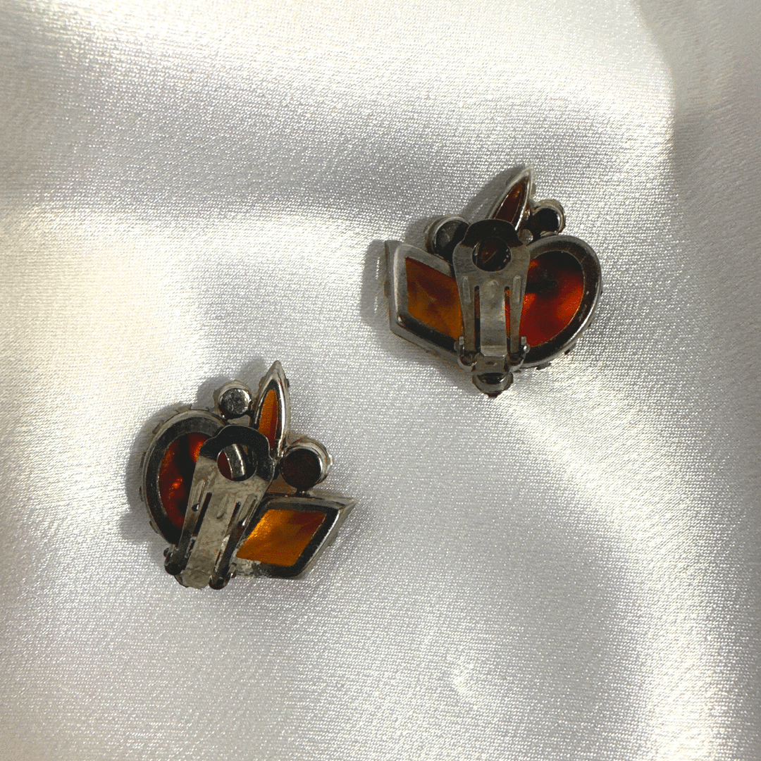 Vintage Austrian Orange Cut Glass & Rhinestone Earring Orange image 5