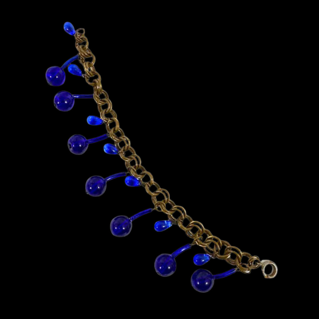 Antique German Blue Cobalt Charm Bracelet - Full Length - Black Background