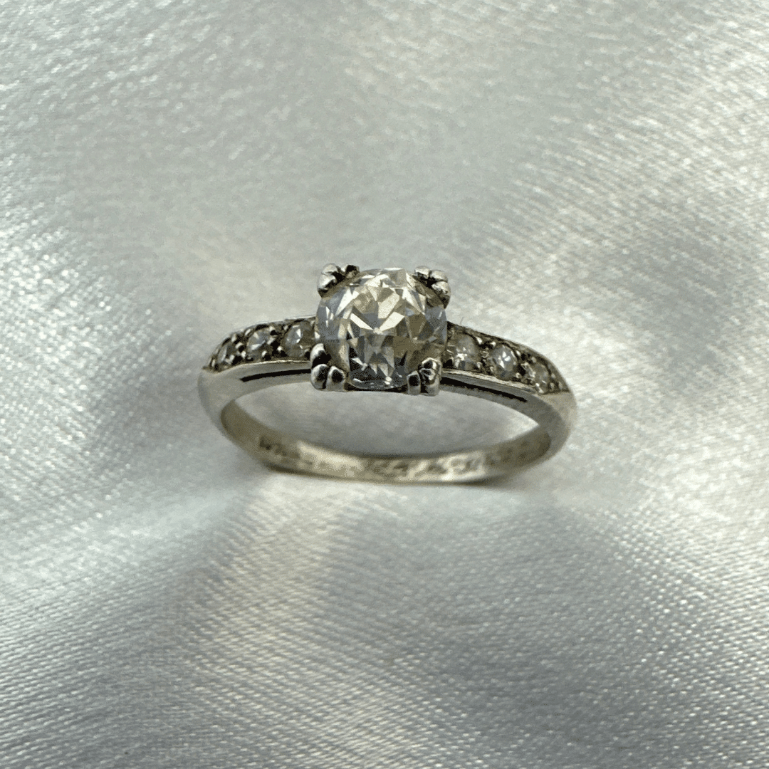 Antique White Gold Ring - Front View - Satin Background