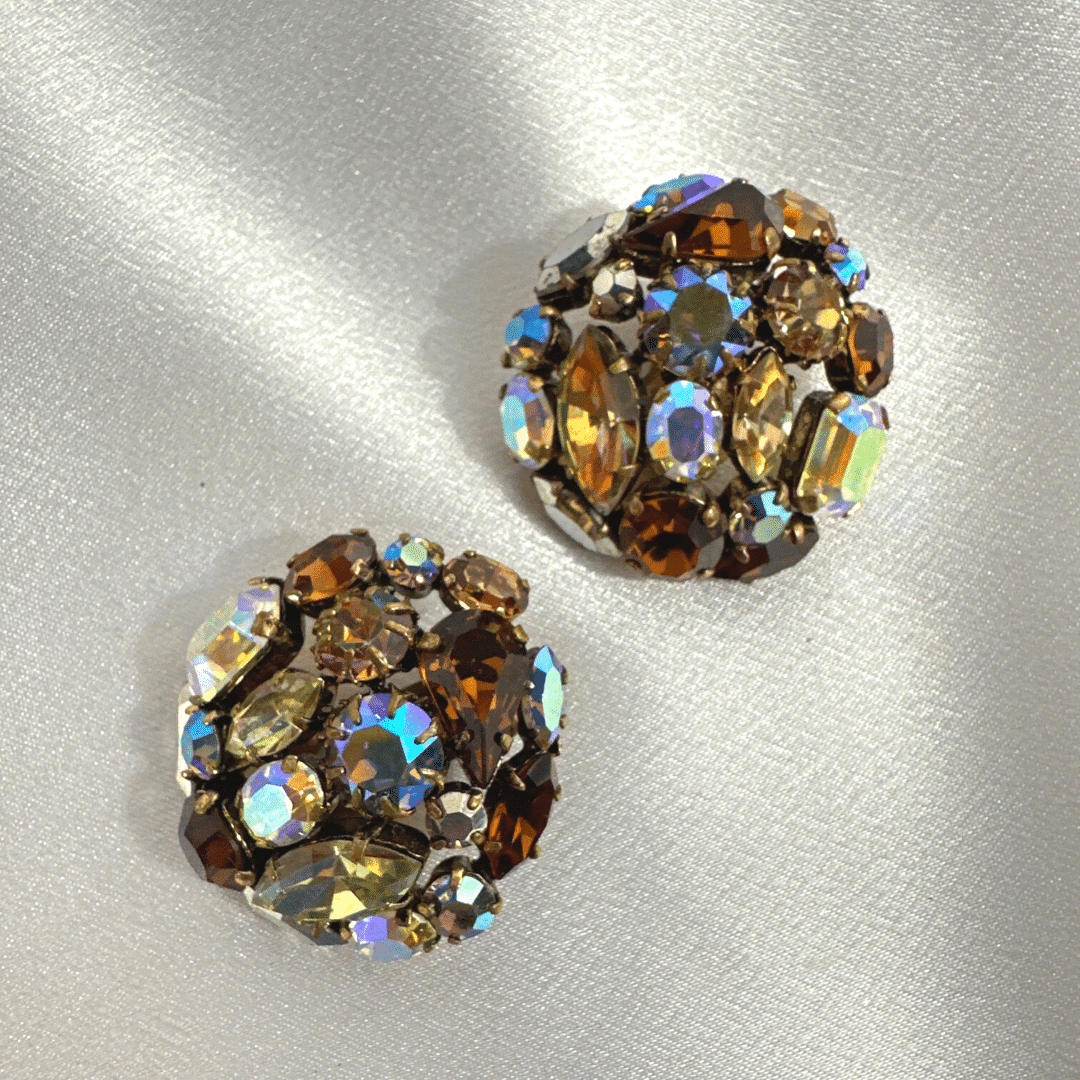 Austria Signed Multi-Color Cut Glass Rhinestone Vintage Earrings - On Satin