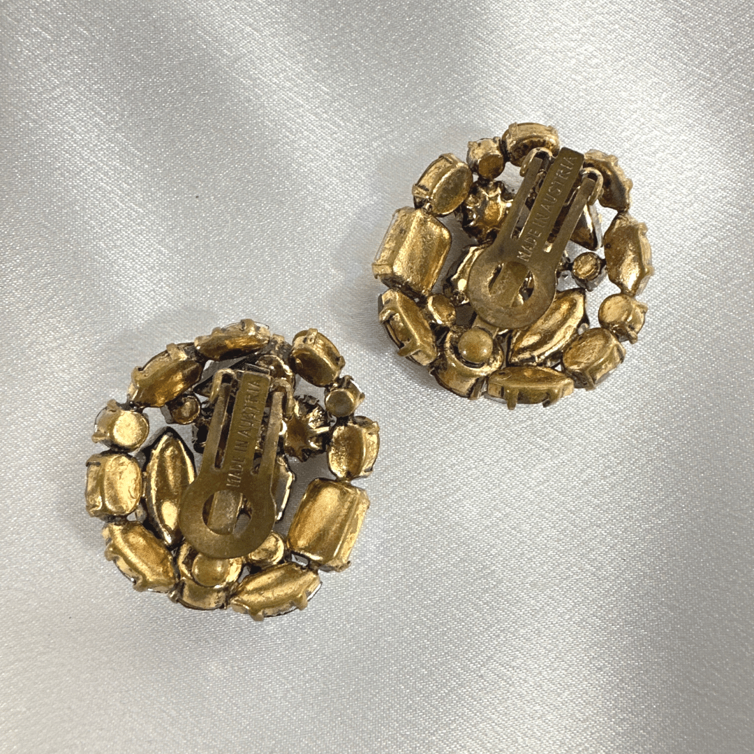 Austria Signed Multi-Color Cut Glass Rhinestone Vintage Earrings - Rear