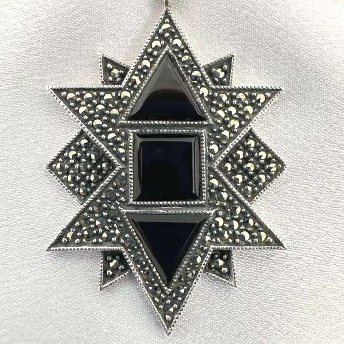 Beautiful Unique Sterling Silver With Onyx Crystal Drop Brooch Pin