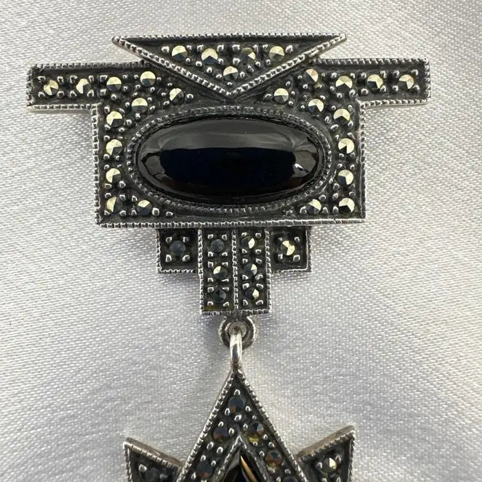 Beautiful Unique Sterling Silver With Onyx Crystal Drop Brooch Pin