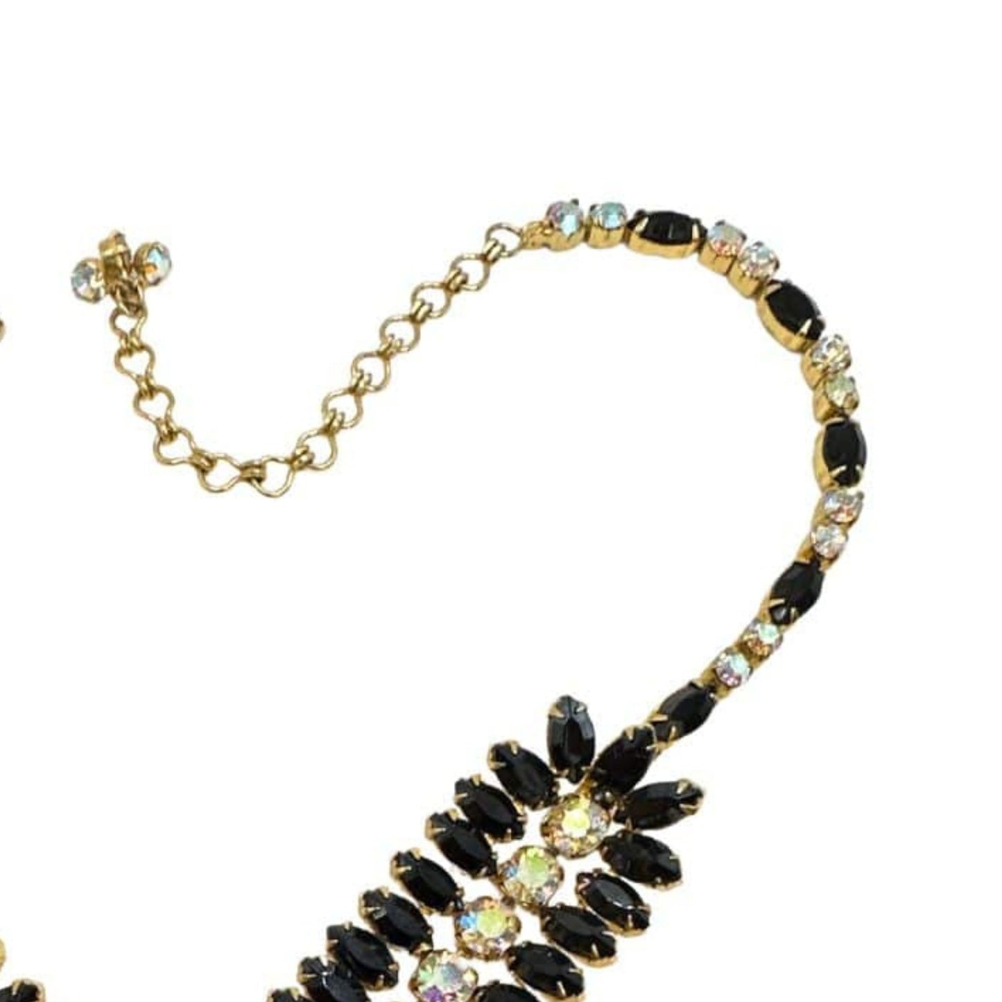 Elegant Antique Stylish Bracelet - Vintage Black Glass and Rhinestone Hobe Bracelet - Chain Detail