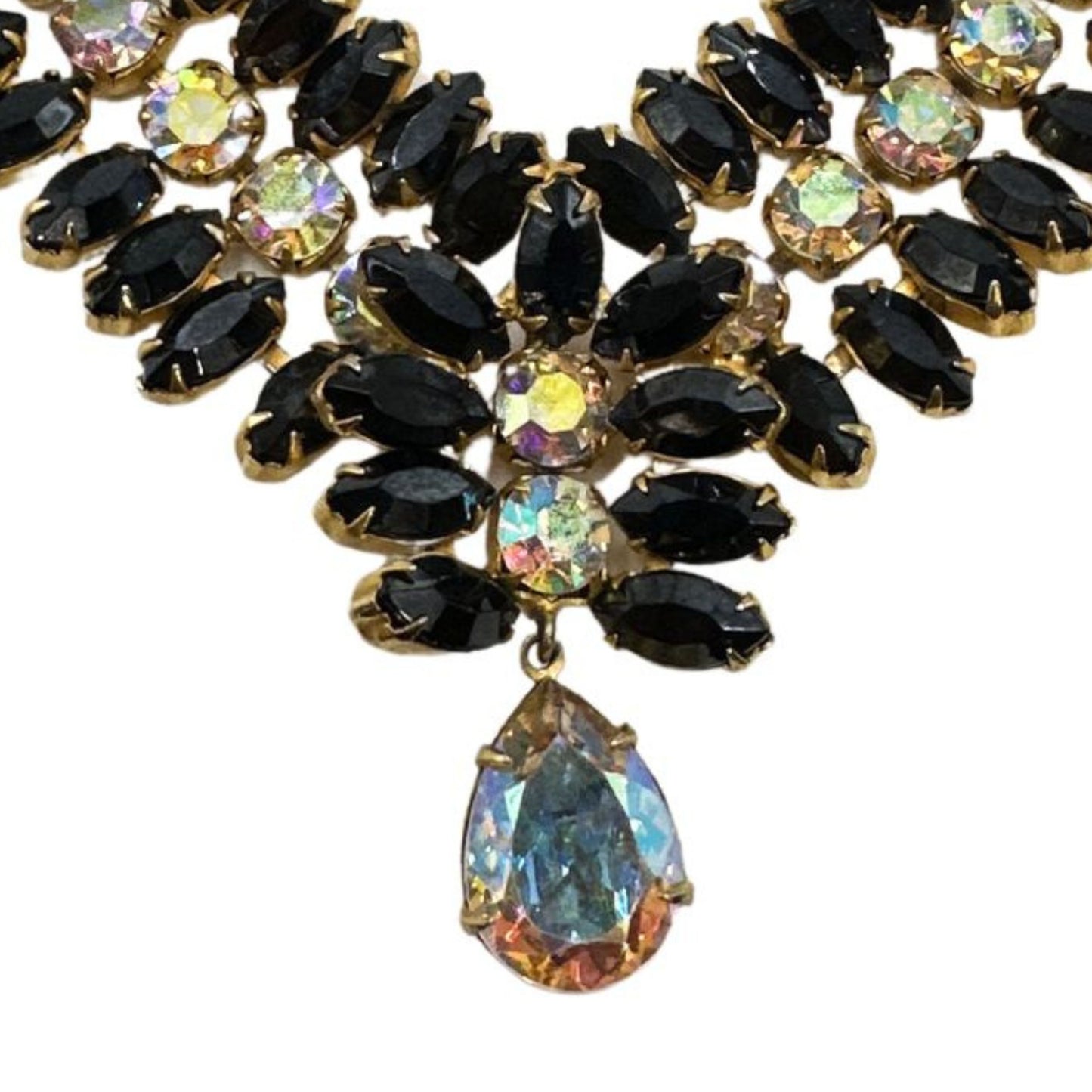 Elegant Antique Stylish Bracelet - Vintage Black Glass and Rhinestone Hobe Bracelet - Crux Stone Detail