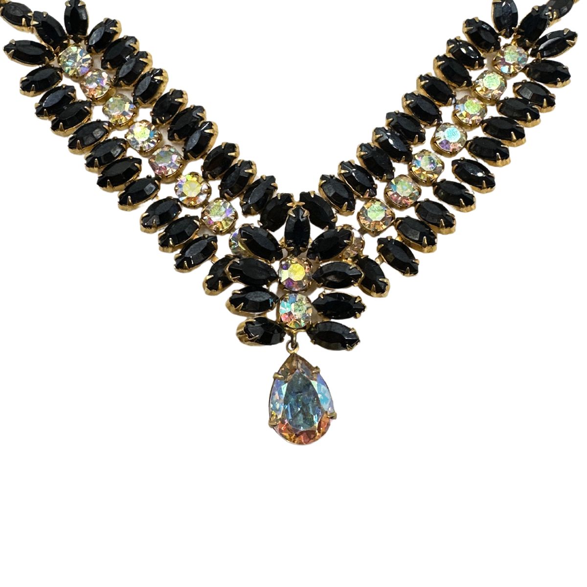 Elegant Antique Stylish Bracelet - Vintage Black Glass and Rhinestone Hobe Bracelet - Stone Detail