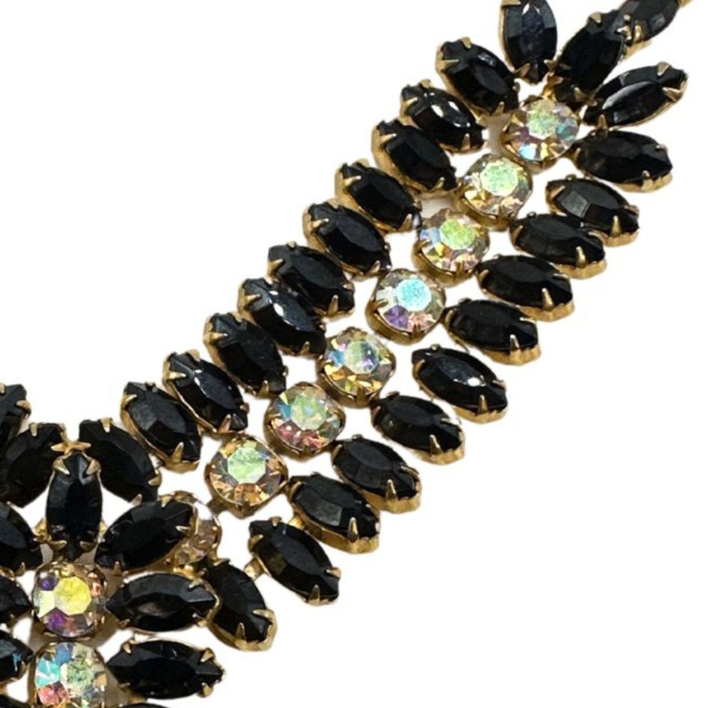 Elegant Antique Stylish Bracelet - Vintage Black Glass and Rhinestone Hobe Bracelet - black stone detail