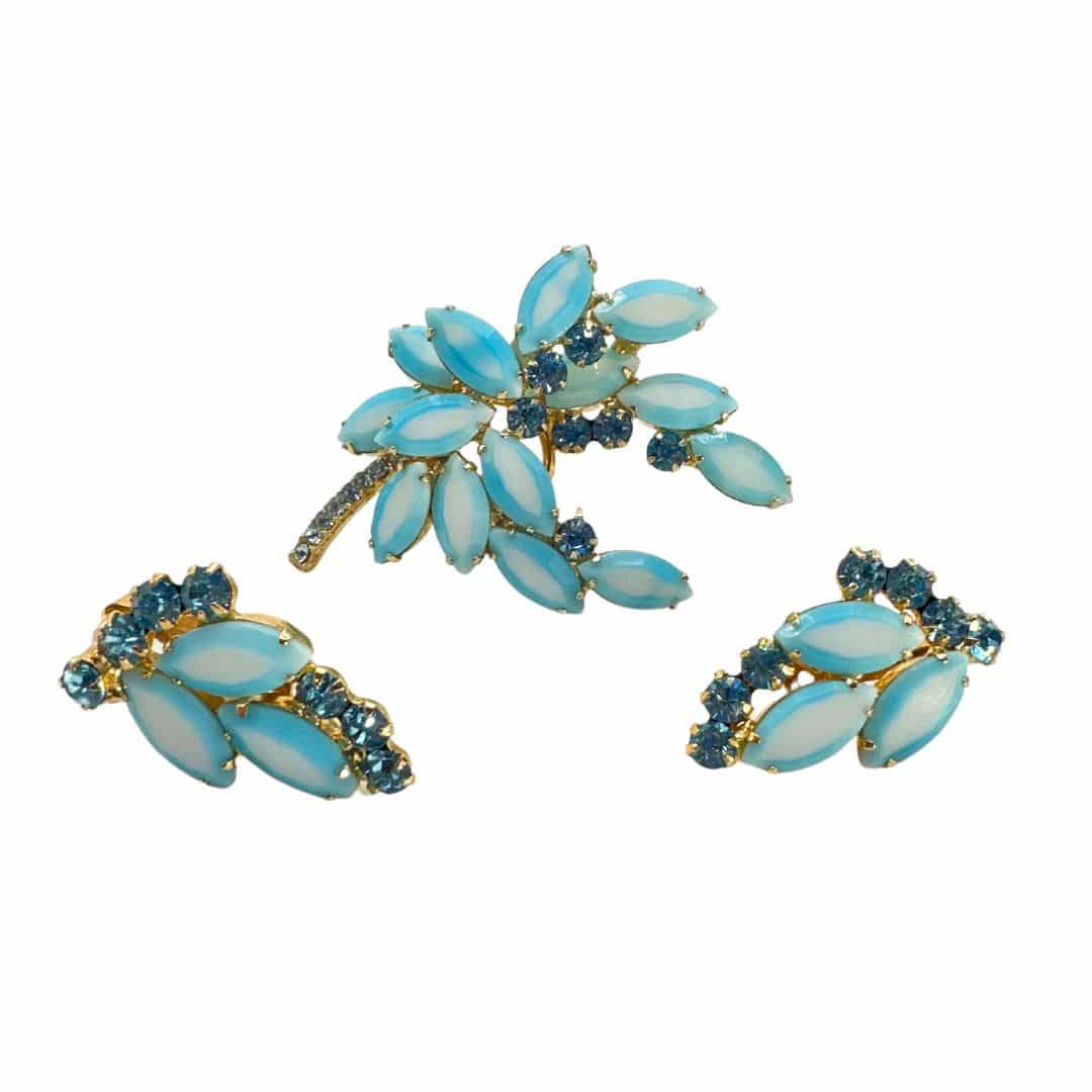 Enchanting Vintage Blue and White Ombre Glass Pin & Earring Set