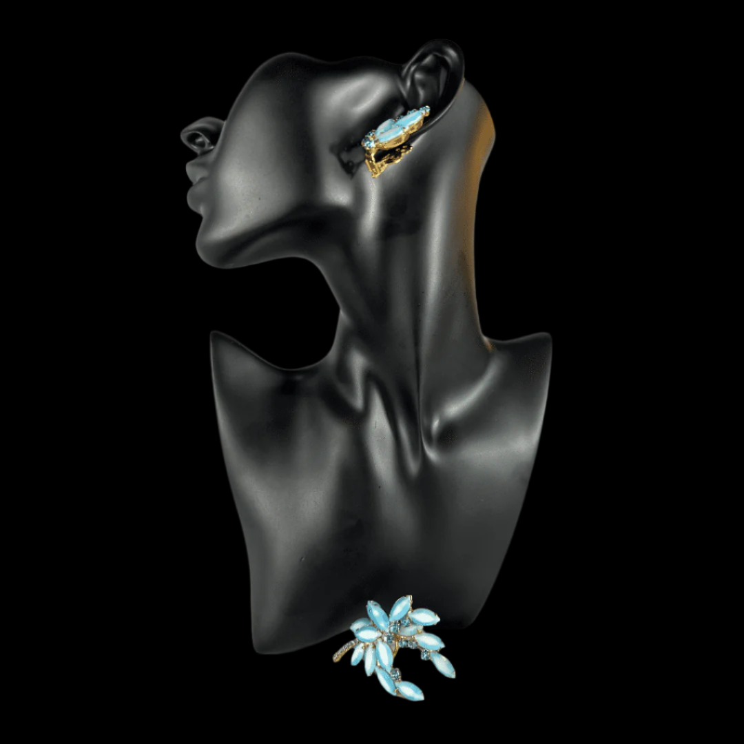 Enchanting Vintage Blue and White Ombre Glass Pin & Earring Set - On Mannequin