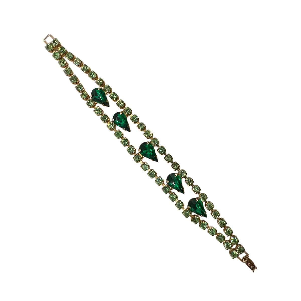 Green Glass and Rhinestone Vintage Bracelet - open