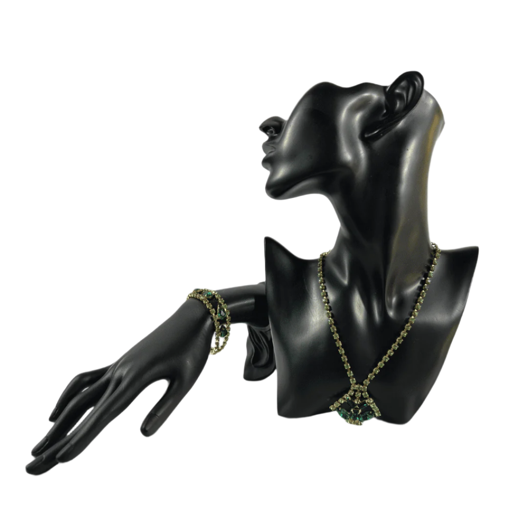 Green Glass and Rhinestone Vintage Bracelet and Necklace Set - on mannequin- stone detail