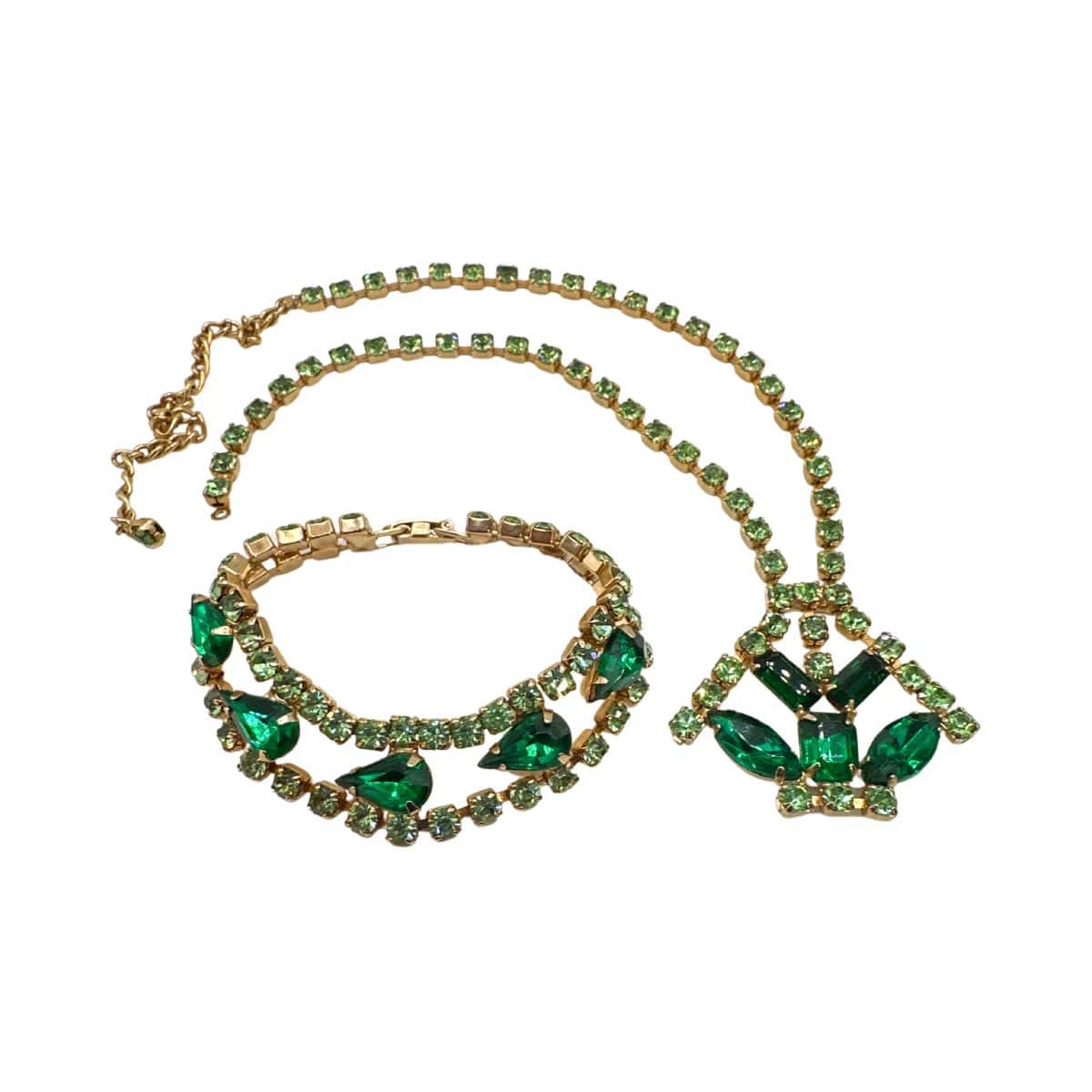Green Glass and Rhinestone Vintage Jewelry Set