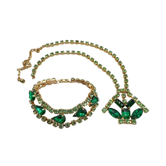 Green Glass and Rhinestone Vintage Jewelry Set
