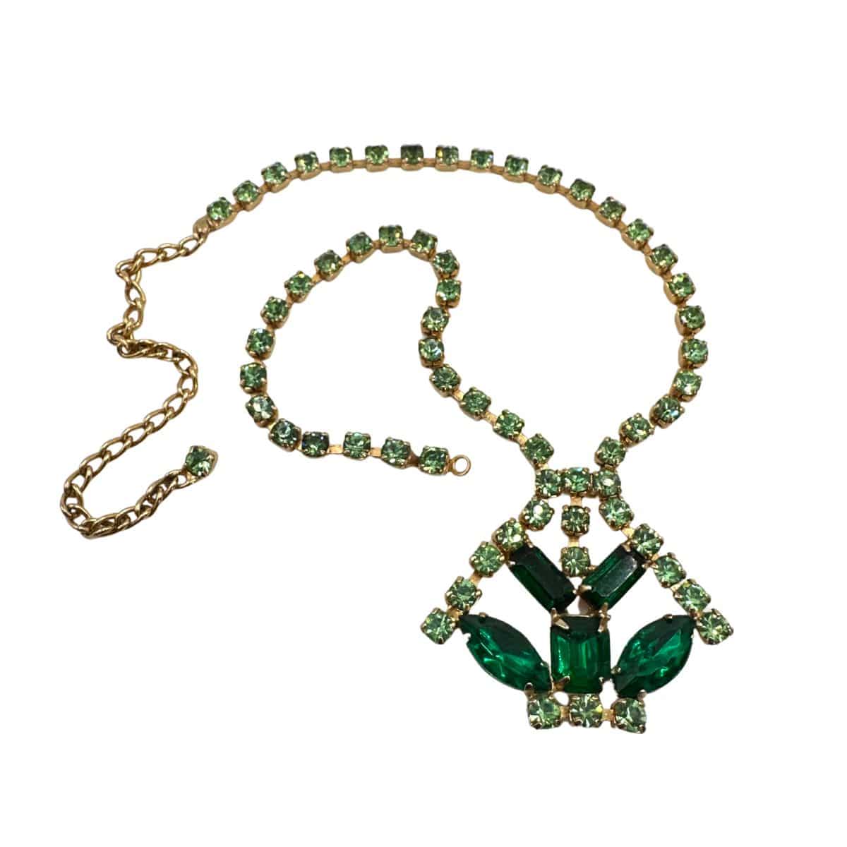 Green Glass and Rhinestone Vintage Necklace