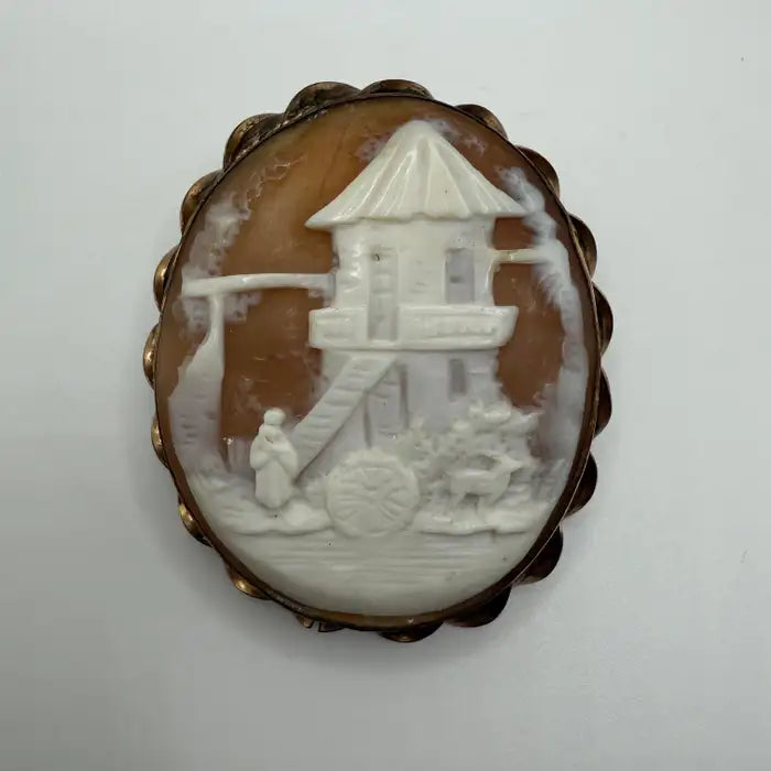 Victorian 48mm Hand-Carved Shell Cameo Brooch Depicting Mill Scene with Figure