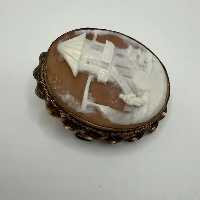 Victorian 48mm Hand-Carved Shell Cameo Brooch Depicting Mill Scene with Figure