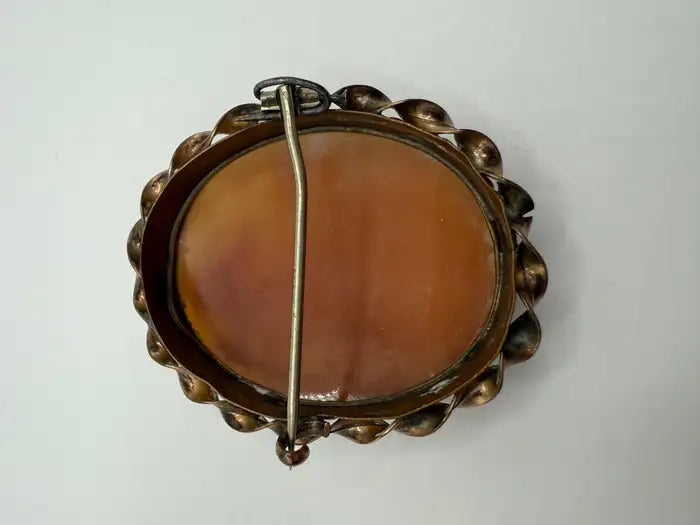 Victorian 48mm Hand-Carved Shell Cameo Brooch Depicting Mill Scene with Figure