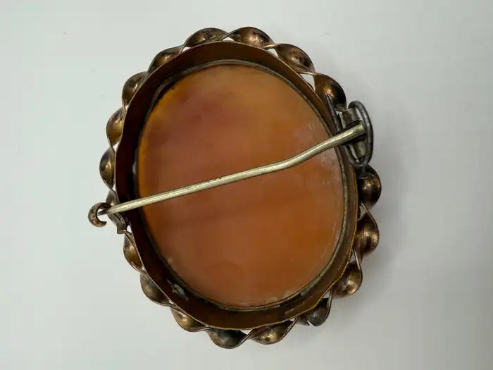 Victorian 48mm Hand-Carved Shell Cameo Brooch Depicting Mill Scene with Figure