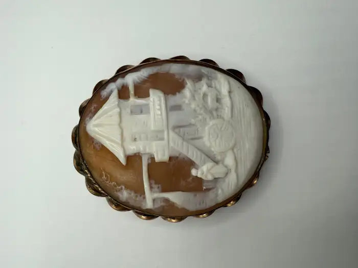 Victorian 48mm Hand-Carved Shell Cameo Brooch Depicting Mill Scene with Figure