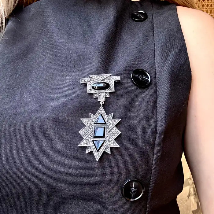 Beautiful Unique Sterling Silver With Onyx Crystal Drop Brooch Pin