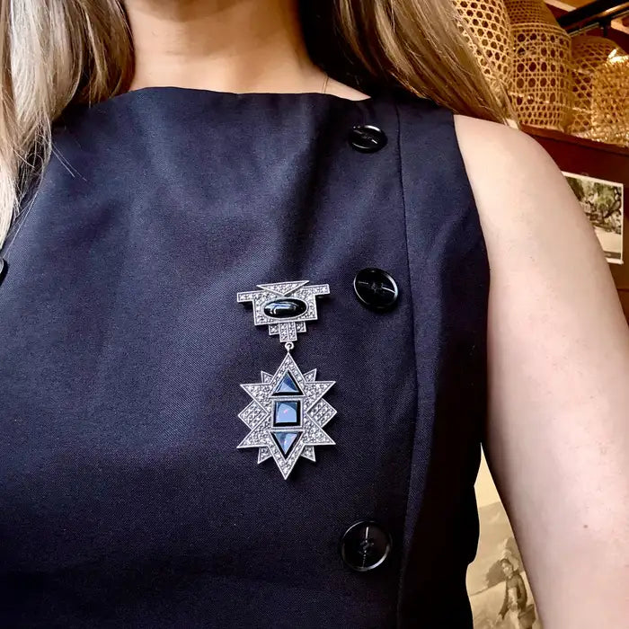 Beautiful Unique Sterling Silver With Onyx Crystal Drop Brooch Pin