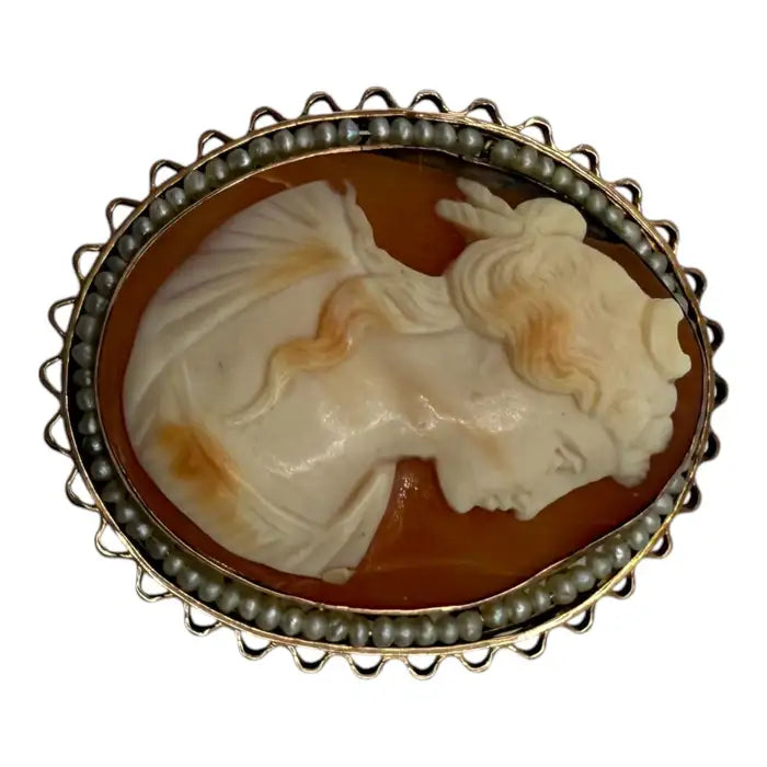 Antique Victorian Shell Cameo Brooch with Seed Pearl Frame, circa 1880