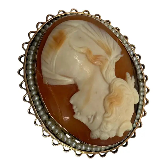 Antique Victorian Shell Cameo Brooch with Seed Pearl Frame, circa 1880