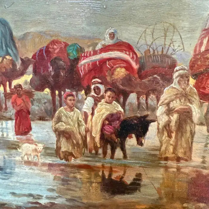 Caravan Crossing a Ford – Orientalist Oil Painting by R. Neilson. Circa 1930