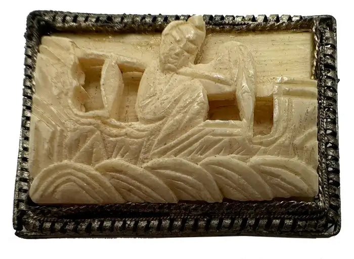 Carved Bone and Filigree Metal Brooch – Seated Man in Boat Scene