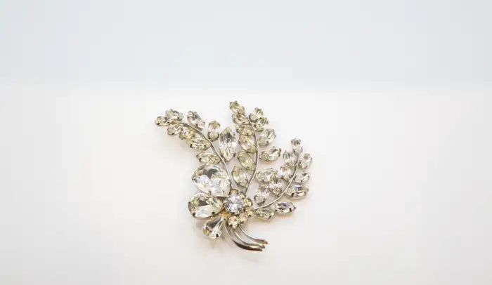 Statement Diamond Floral Spray Brooch in Silver-Tone Metal Mid-Century Costume