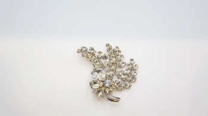 Statement Diamond Floral Spray Brooch in Silver-Tone Metal Mid-Century Costume