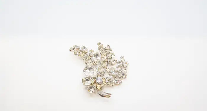 Statement Diamond Floral Spray Brooch in Silver-Tone Metal Mid-Century Costume