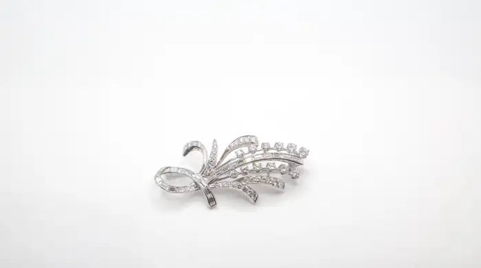Statement 14K White Gold Diamond Spray Brooch Mid-Century Floral Design.