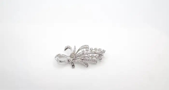 Statement 14K White Gold Diamond Spray Brooch Mid-Century Floral Design.