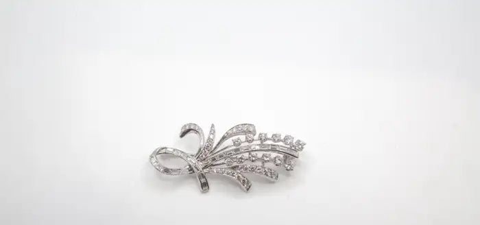 Statement 14K White Gold Diamond Spray Brooch Mid-Century Floral Design.